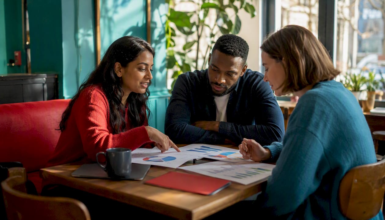 Diverse team discussing VIP support charts in meeting room