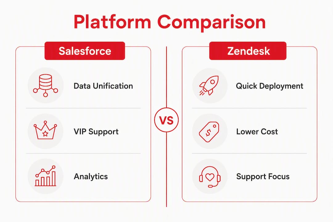 Infographic comparing Salesforce and Zendesk features