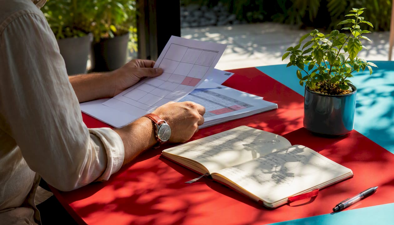 Manager working on SLA and QA documents overhead view