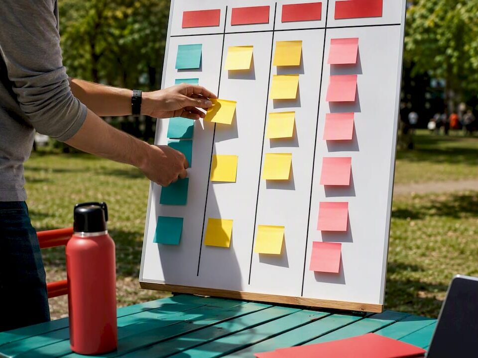 Hand placing sticky notes on onboarding board