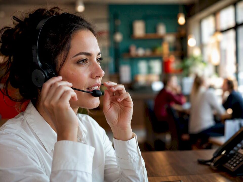 Support agent hands holding headset microphone