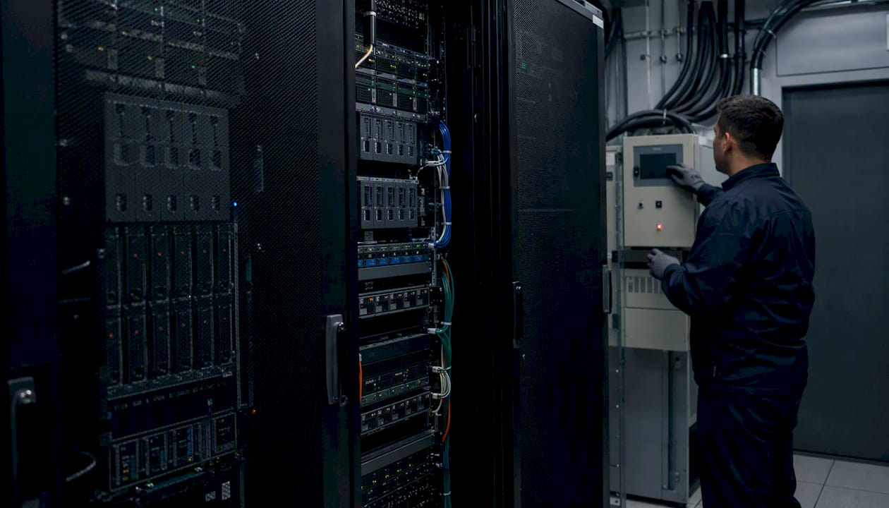 Technician hands monitoring secure servers