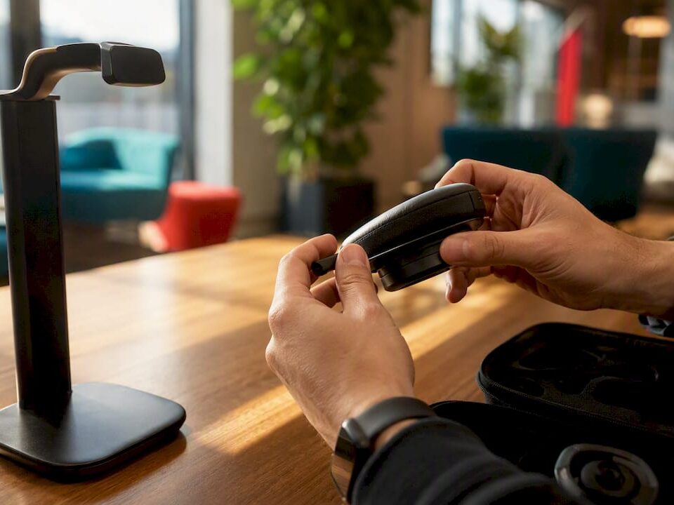 Hands inspecting headset in support center