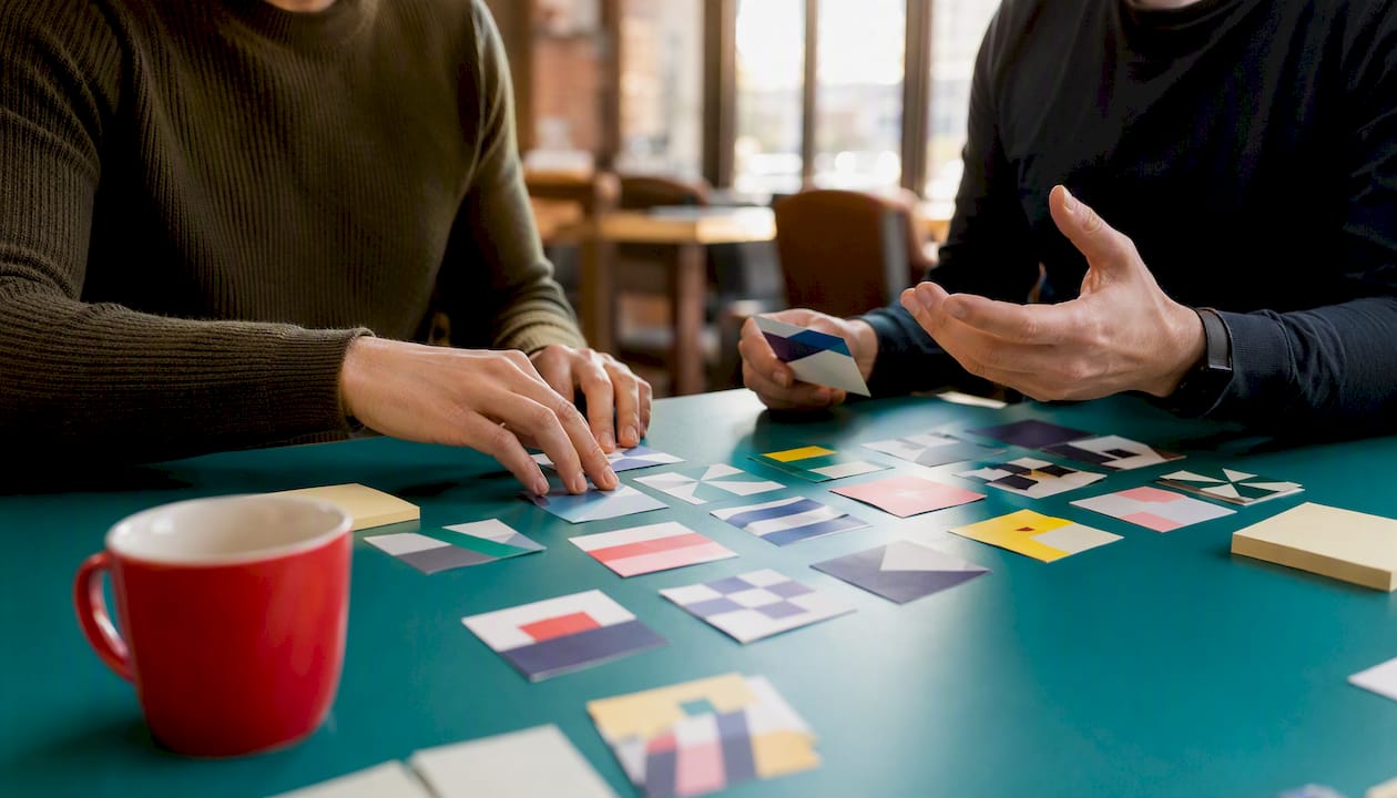 Hands arranging QA calibration cards on table