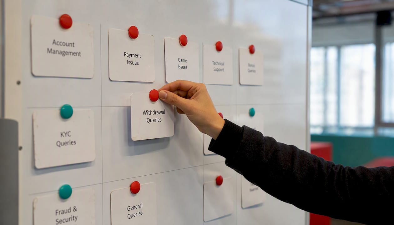 Hand adjusting ticket workflow cards on board
