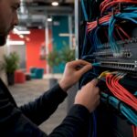 Hands connecting cables in server rack
