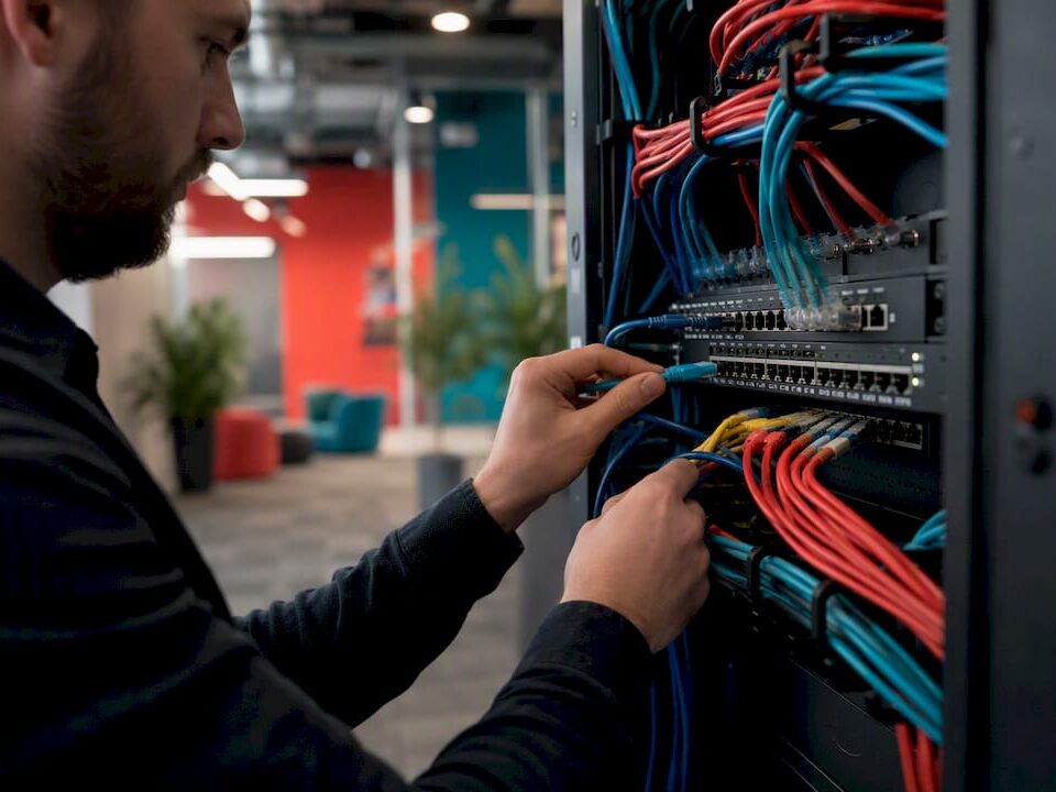 Hands connecting cables in server rack