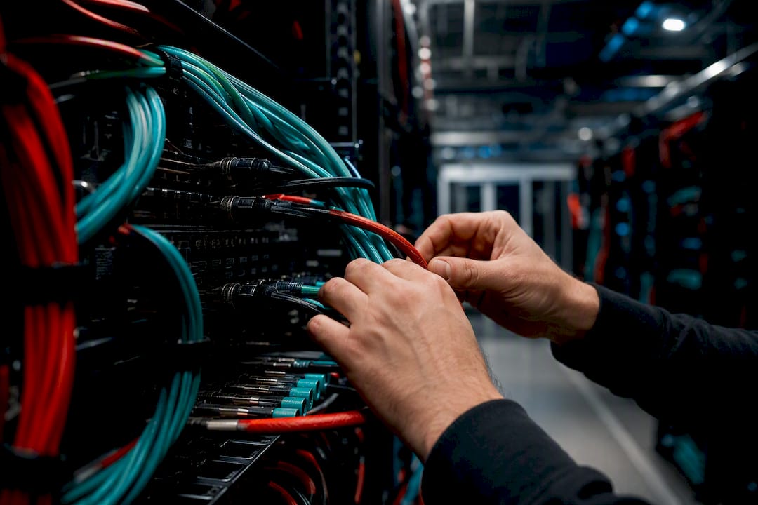 Hands configuring network cables