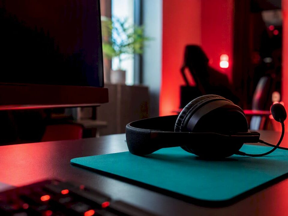Headset on gaming support desk corner