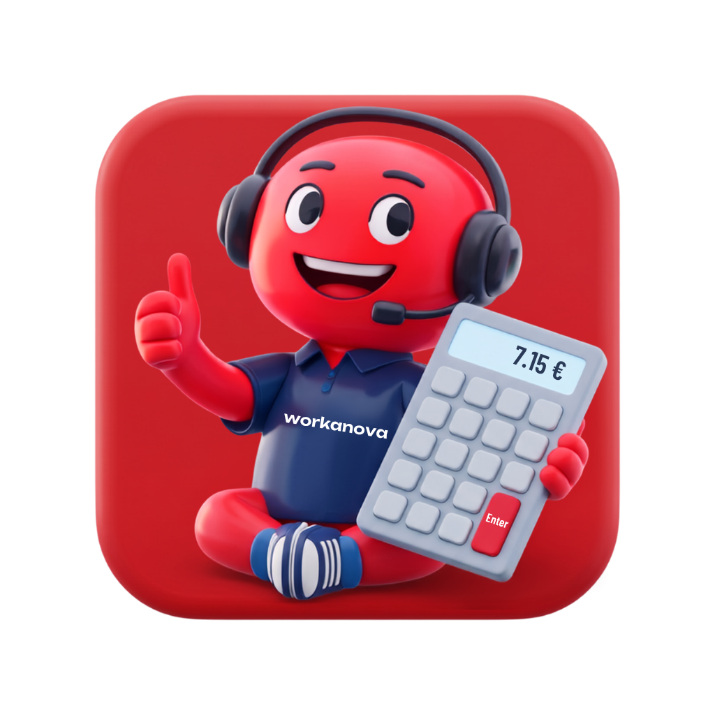 Workanova mascot holding a calculator showing the €7.15 hourly agent rate